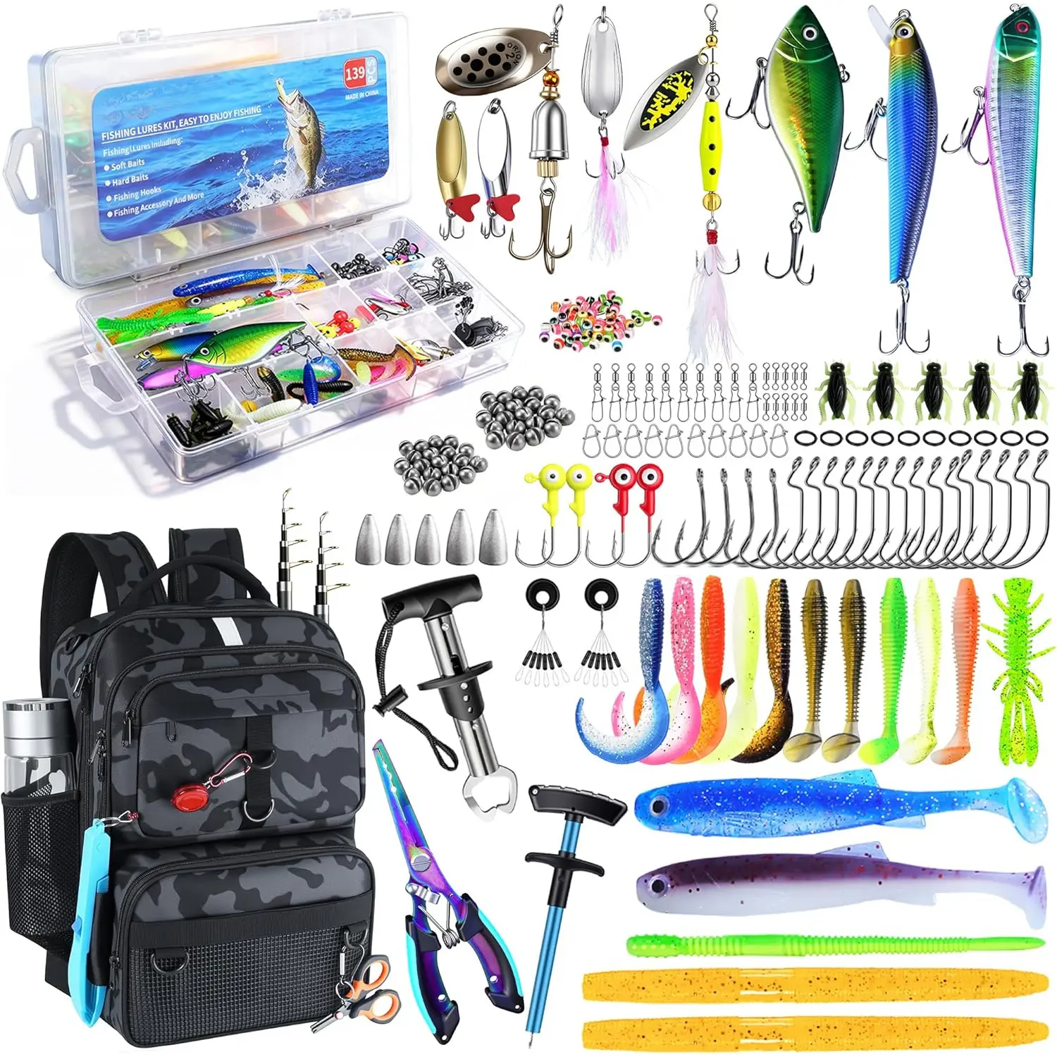 Fishing Backpack with Tackle Boxes and Rod Holder, Includes Fish Lure Kit and Tool