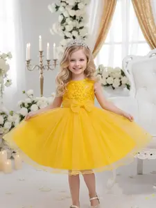 Girl's Contrast Sequin Bow Decor Fit and Flare Dress, Elegant Sleeveless Zipper Back Knee Length  Dress for Party Performance Wedding Guest, Kids Clothes for All Seasons, Ribbon Dress