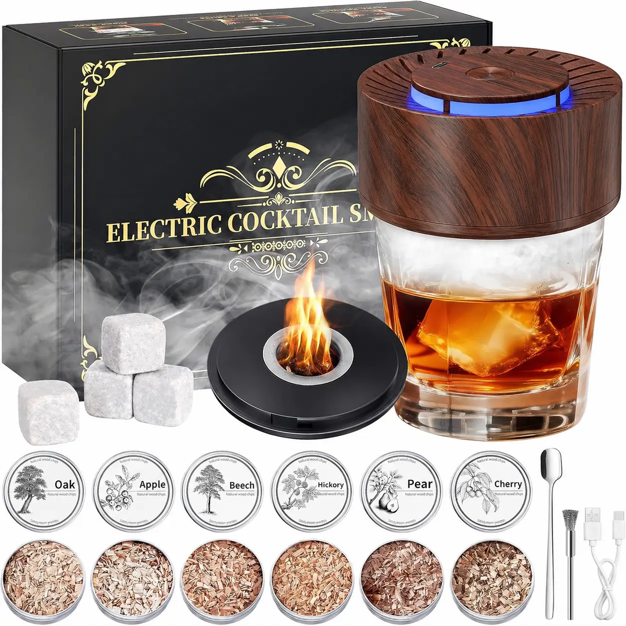 Electric Whiskey Smoker Kit - Rechargeable Built-in Lighter & LED Light, No Butane Needed, with 6 Wood Chips, Marble Ice Cubes, Old Fashioned Smoker Kit, Bourbon, Bourbon Cocktail Lover Gifts for Men,Dad,Husband,Grandfather,Valentine's Day