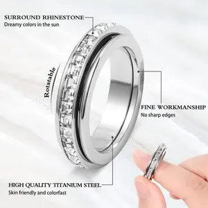 Rotatable Anxiety Ring for Women & Men Titanium Steel Spinner Fidget Band with Cubic Zirconia Relieving Anxiety Valentine’s Day Holiday Gift Comfort Fit Size 5-10 (Runs Small – Choose 1 Size Up)