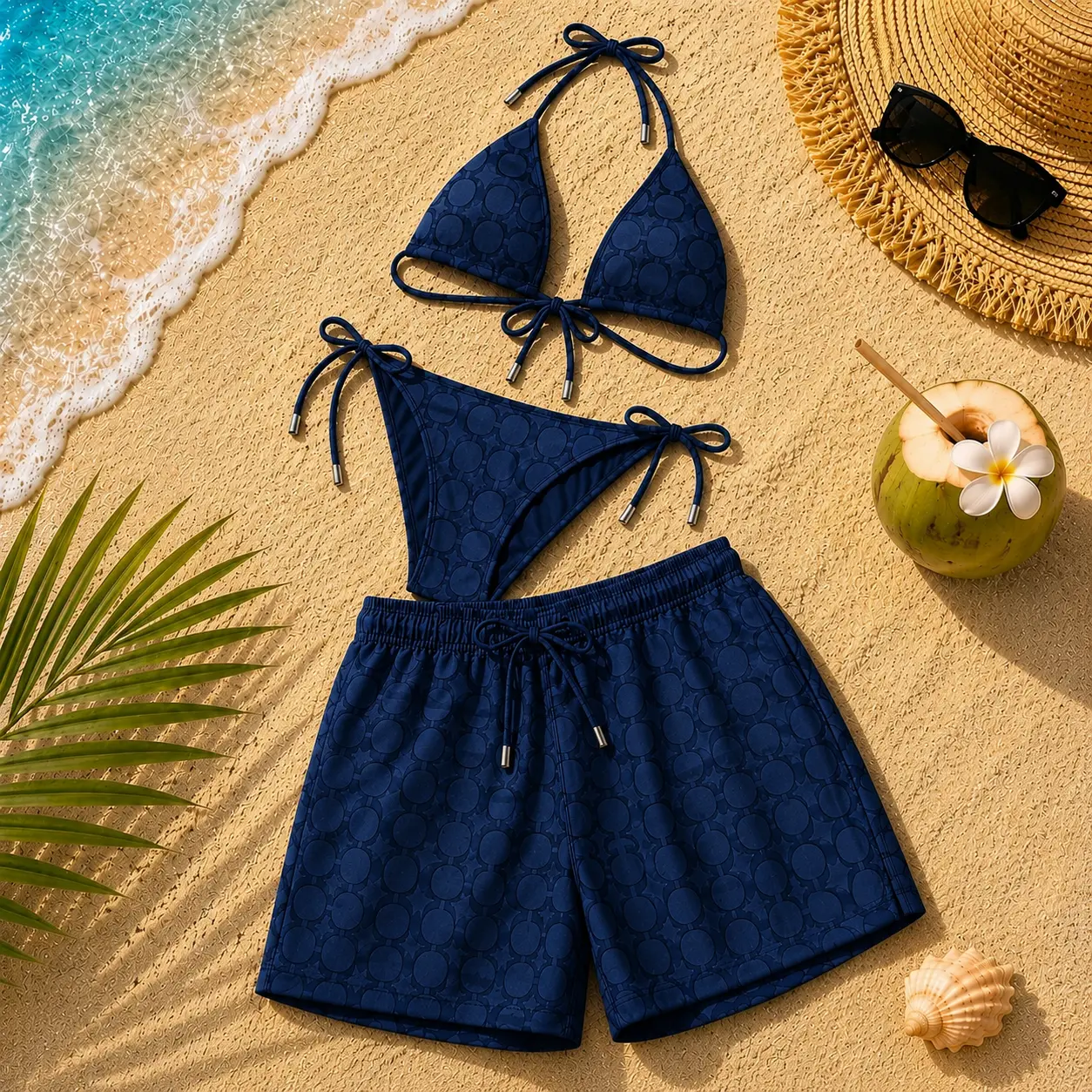 C-Dark Blue Matching Couple Swimwear Set 2026, Viral Couple Bikini & Men’s Swim Shorts, Trendy Beach Vacation Gift