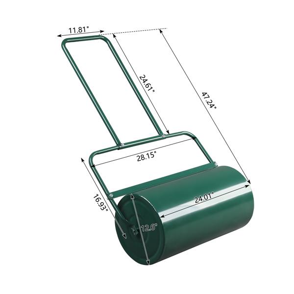24" Steel Lawn Roller, 13 Gallon Water/Sand Fillable Yard Roller with U-Shaped Handle & Easy Drain Plug, Push & Pull Sod Roller for Grass Flattening Seed Packing, Green