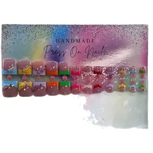 Handmade Press On Nails 24 Piece Colorful French Tip Set for Toe Nails Sparkling Rainbow Design