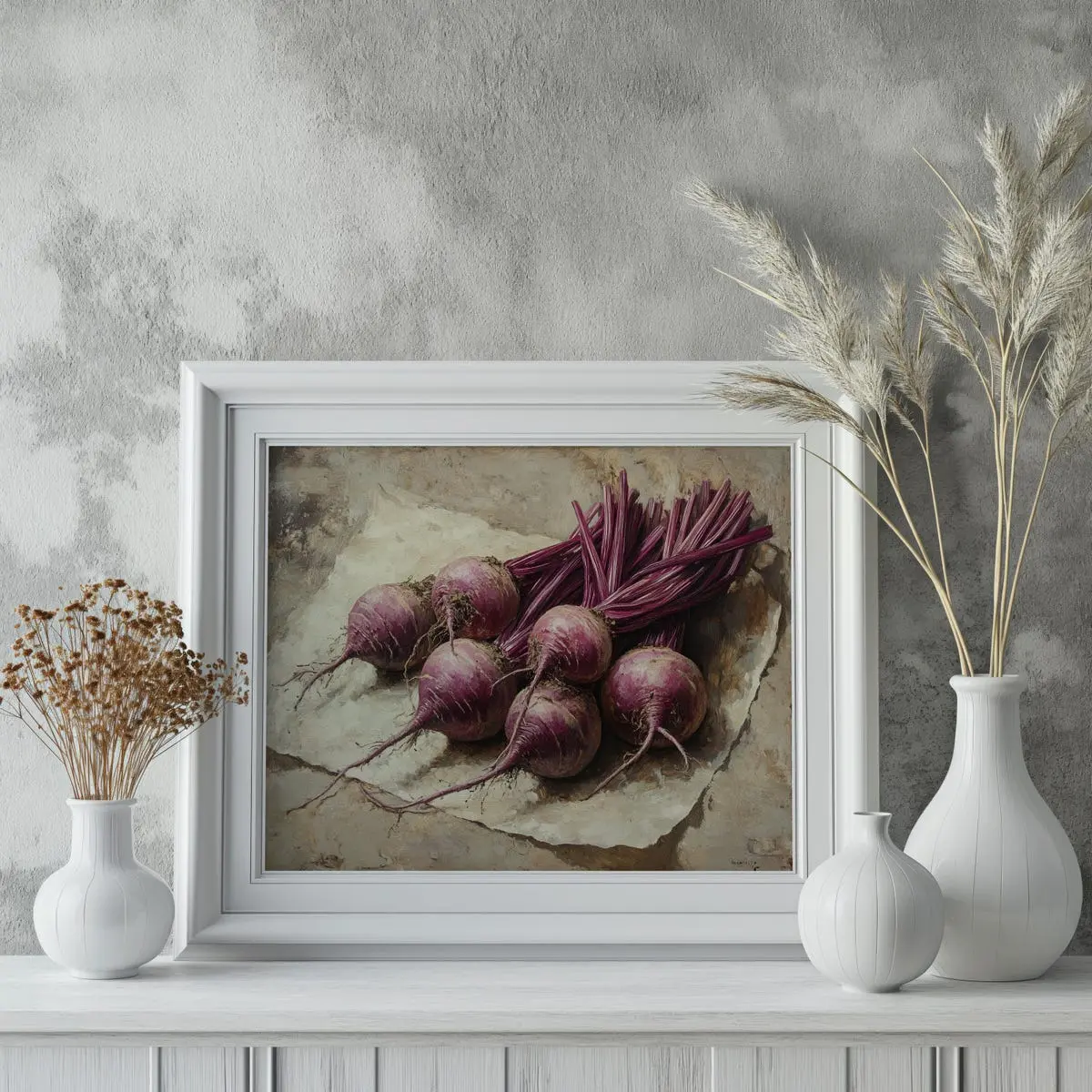 Rustic Beetroot Still Life - Earthy Farmhouse Kitchen Wall Art, Vintage Harvest Painting, Vegetable Decor, Country Charm, Unframed