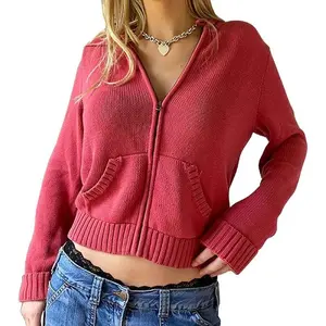 Women Zip Up Long Sleeve Crop Hooded Tops Ribbed Knit Cropped Hoodie Jacket Y2k Cute Sweater Pullover