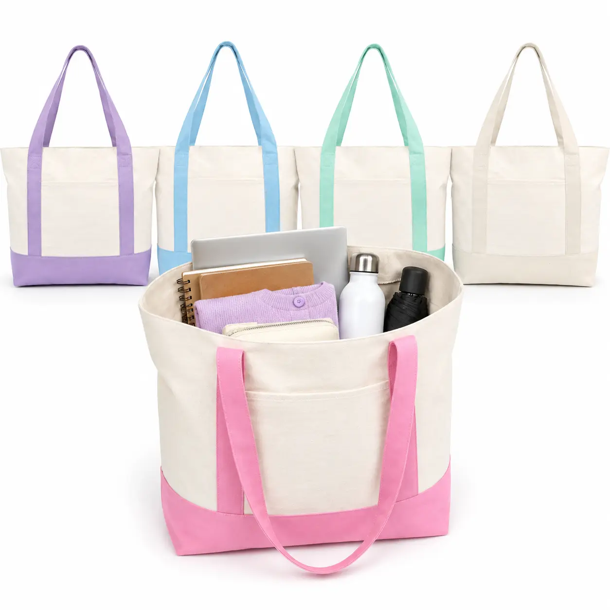 5 PCS Canvas Tote Bags with Outer Pocket and Top Zipper, Reusable Shoulder Carryall Tote Bags for Grocery Shopping, Tote Bag For Women Work, School, Travel, Errands and Everyday Essentials sohochic