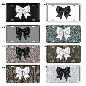 Coquette Bow Camo License Plate Custom Vanity Plate Cute Bow Car Tag Girly Aesthetic License Plate Black White Bow Auto Accessory Personalized Car Decor Gift for Women Girls Truck SUV Front Plate