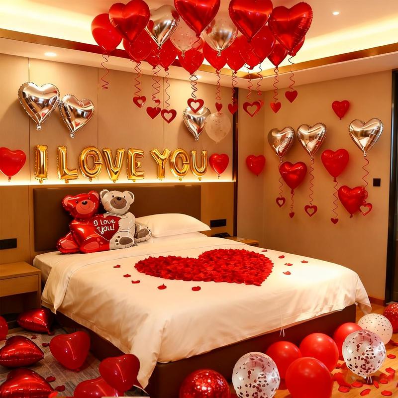 54pcs I Love You Heart Balloons Valentines Decoration with 50 Hanging 1000 Silk Rose Petal Bear Heart Shaped Silver Red Balloons for Romantic Night Wedding Anniversary Decor Valentine Day Decorations