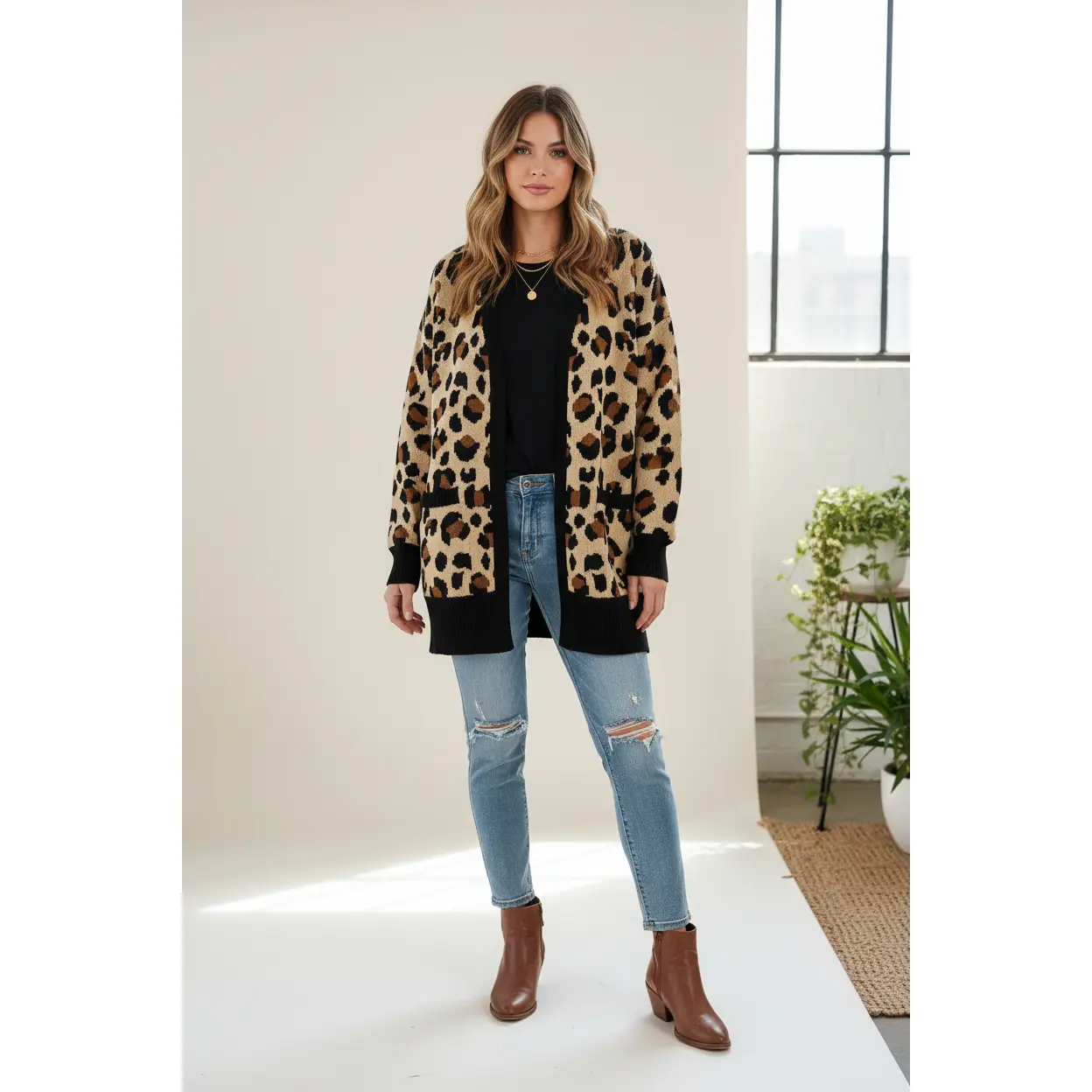 Women's Long Sleeve Cheetah Print Faux Mohair Cardigan - Casual Open Front Knit Top with Patch Pockets, Nylon Polyamide Acrylic Blend Casual Wear