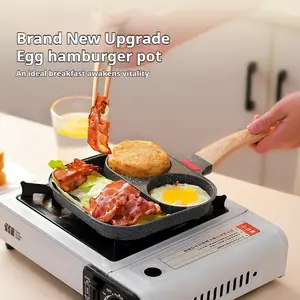Nonstick 3-Cup Egg Frying Pan,3 Holes Skillet With Handle, 3-in-1 Breakfast Pan , Ideal for Frying Eggs, Hamburgers, Steaks & More, Comes with a Spatula and a Pastry Brush, kitche  bgadget, breakfast pan
