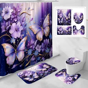 4 Pcs Purple Floral Shower Set with Non-Slip Rugs, Lid Cover and Bath Mat, Elegant Set with Shower and Rugs(Not Included)