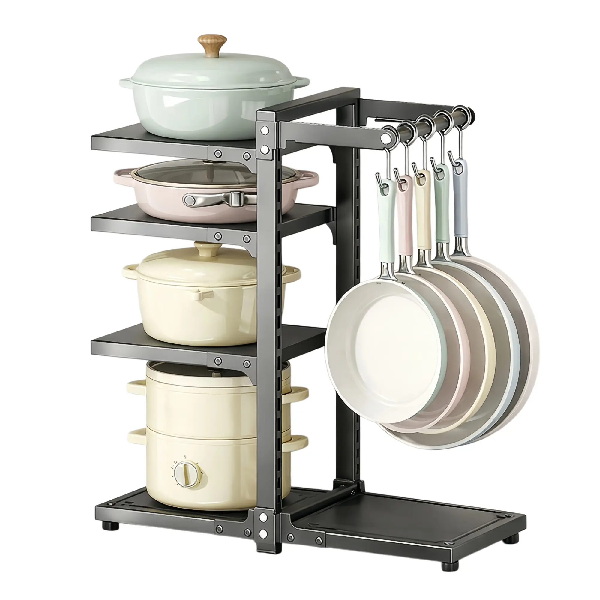 Adjustable 5 Tier Pot Rack with Hooks, Carbon Steel Pots and Pans Organizer, Space Saving Vertical Cookware Storage for Kitchen Cabinet, Heavy Duty Rustproof Kitchen Storage Organizer shelf for Small Kitchen,stainless steel adjustable divider