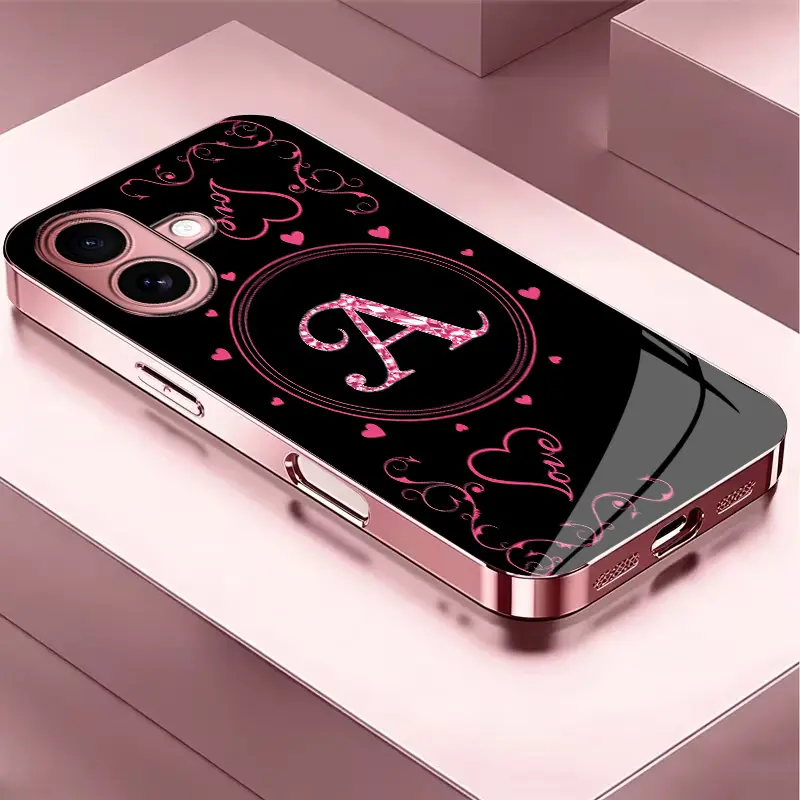 Women's High-End Customized Cellphone Accessories for iPhone 17 - Pink Iridescent Glossy Glass Phone Cover Casing, Mobile Accessory with 26 Premium-Look Letter Options, YM99 Cover