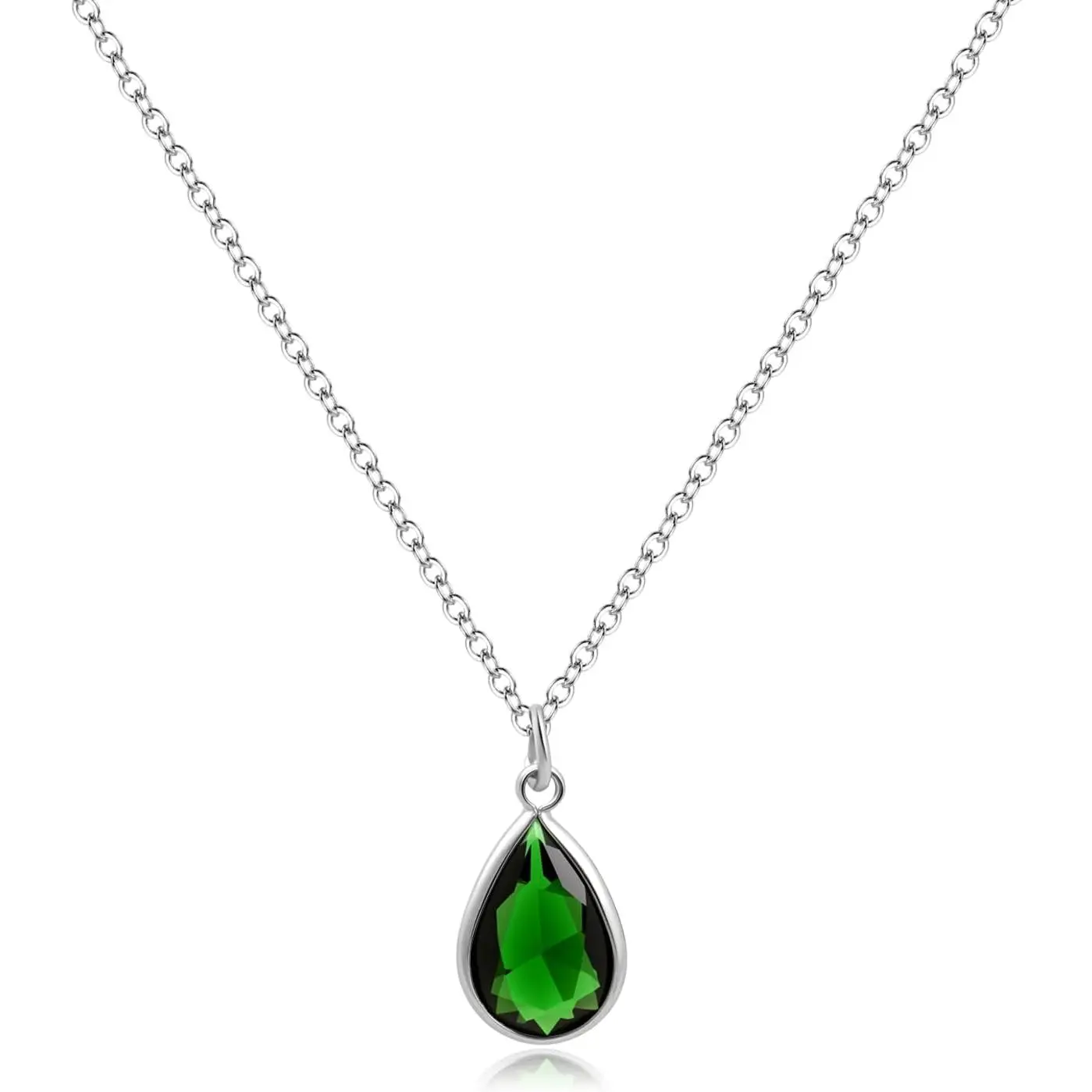 Emerald Pendant Necklace for Women, Silver Teardrop Green Crystal with Adjustable Chain, May Birthstone Jewelry Gift
