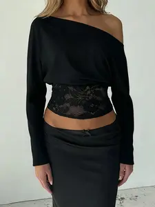 Women's Elegant Chic Lace Patchwork Slim-Fit Long Sleeve Asymmetrical Neckline Top Shirts Blouse, Lady, Womenswear, Spring & Fall Fashion, Plain Pattern, Moderate Fabric
