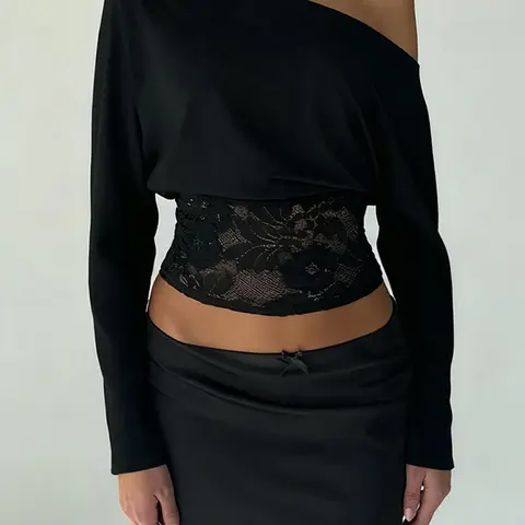 Women's Elegant Chic Lace Patchwork Slim-Fit Long Sleeve Asymmetrical Neckline Top Shirts Blouse, Blouses Shirts Tops, Lady, Womenswear, Spring & Fall Fashion, Plain Pattern, Moderate Fabric, Elegant Fitted Top