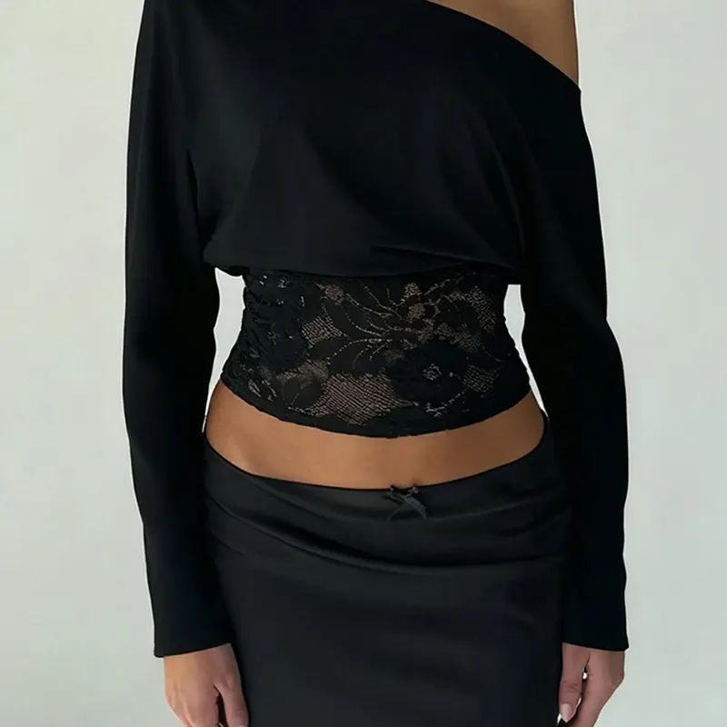 Women's Elegant Chic Lace Patchwork Slim-Fit Long Sleeve Asymmetrical Neckline Top Shirts Blouse, Blouses Shirts Tops, Lady, Womenswear, Spring & Fall Fashion, Plain Pattern, Moderate Fabric, Elegant Fitted Top
