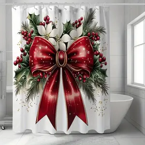 Merry Christmas Shower Curtain, Vibrant Bow & Wreath Design, Waterproof, Easy-Care, Holiday Bathroom Decor, Christmas Gift