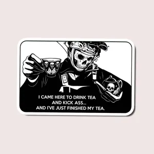 Tactical Tea Time Sticker, Funny Skull Operator Holding Teacup Meme Decal for Laptops, Toolboxes or Military Fans