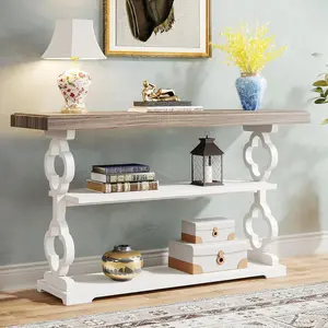 LITTLE TREE Farmhouse Console Table, 55 inch Long Sofa Table with Storage Shelves, 3 Tier Wood Accent Entry Table for Hallway, Entrance, Living Room, Foyer