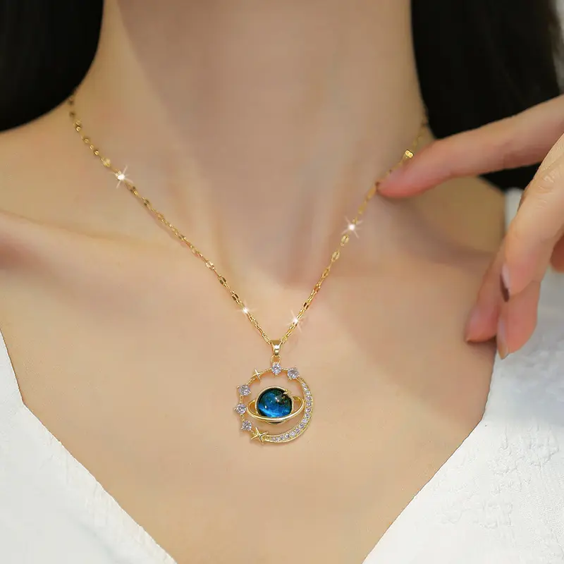 Unisex Fashion Pendant Necklaces with Space Moon Design, 304 Stainless Steel with Rhinestone Inlay, Other Plating, Vacation Style for Daily Wear and Party, Valentine's Day Couple Necklace Gift
