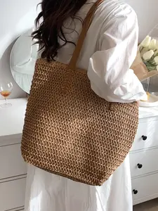 Women's Summer 2025 Elegant Minimalist Handmade Tote Bag, Trendy Large Capacity Straw Bag, Chic All-match Shoulder Bag for Summer Beach Use for Women & Girls