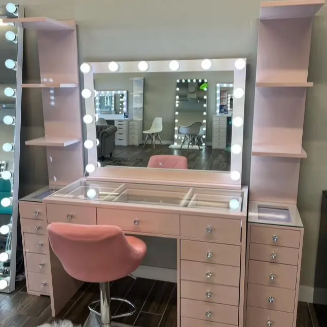 Brand new pink vanity desk with glass top led lights shelves