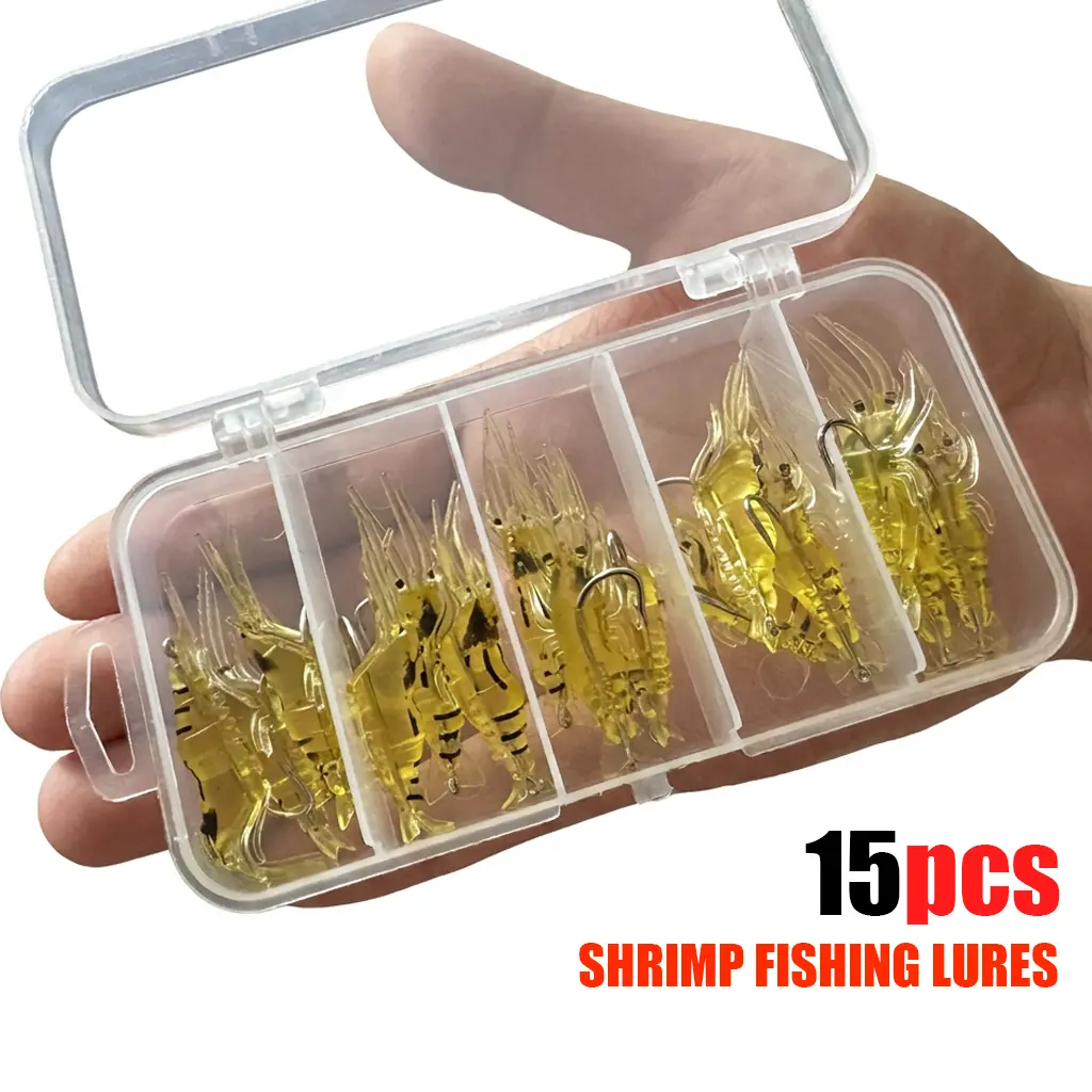 Fishing Tackle Soft Baits, 15-Piece 1.6" Realistic Shrimp Kit with Natural Look, Beginner Friendly & Compact for Fresh and Coastal Water, Fresh/Salt Water, Realistic Shape