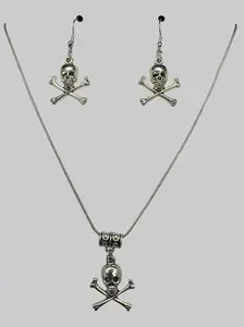 Skull and Crossbones Silver Plated for Pierced Ears Unique Skull and Crossbones Design 18 Inch Necklace & Earring Set Eye-Catching Jewelry