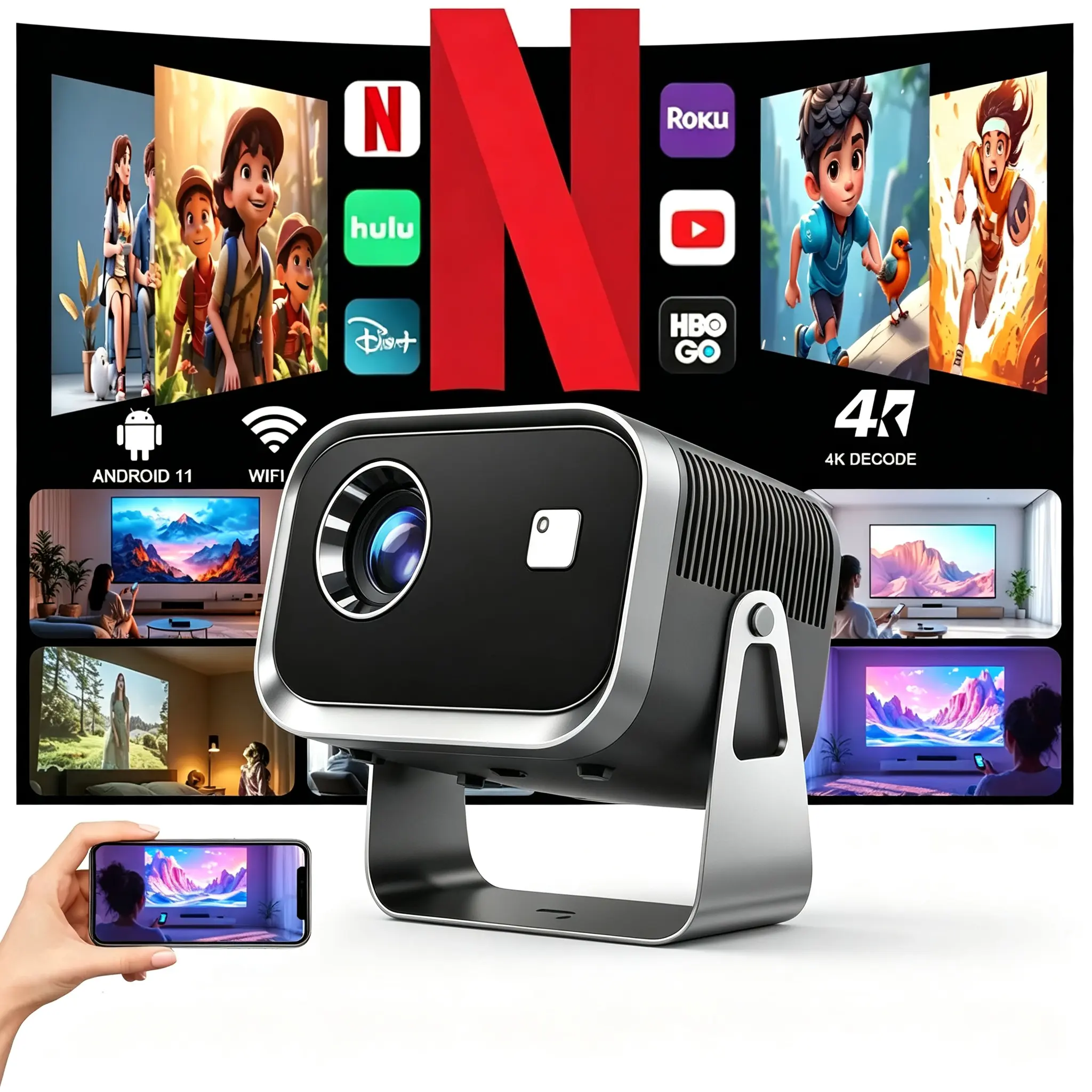 K6 Smart Portable Mini Micro Projector, 1080p , Auto Focus, Automatic Trapezoidal Correction, Wi-Fi 6, Bluetooth, 4K Decoding, Home Theater Equipment for Living Room, Gaming full portable projector peliculas