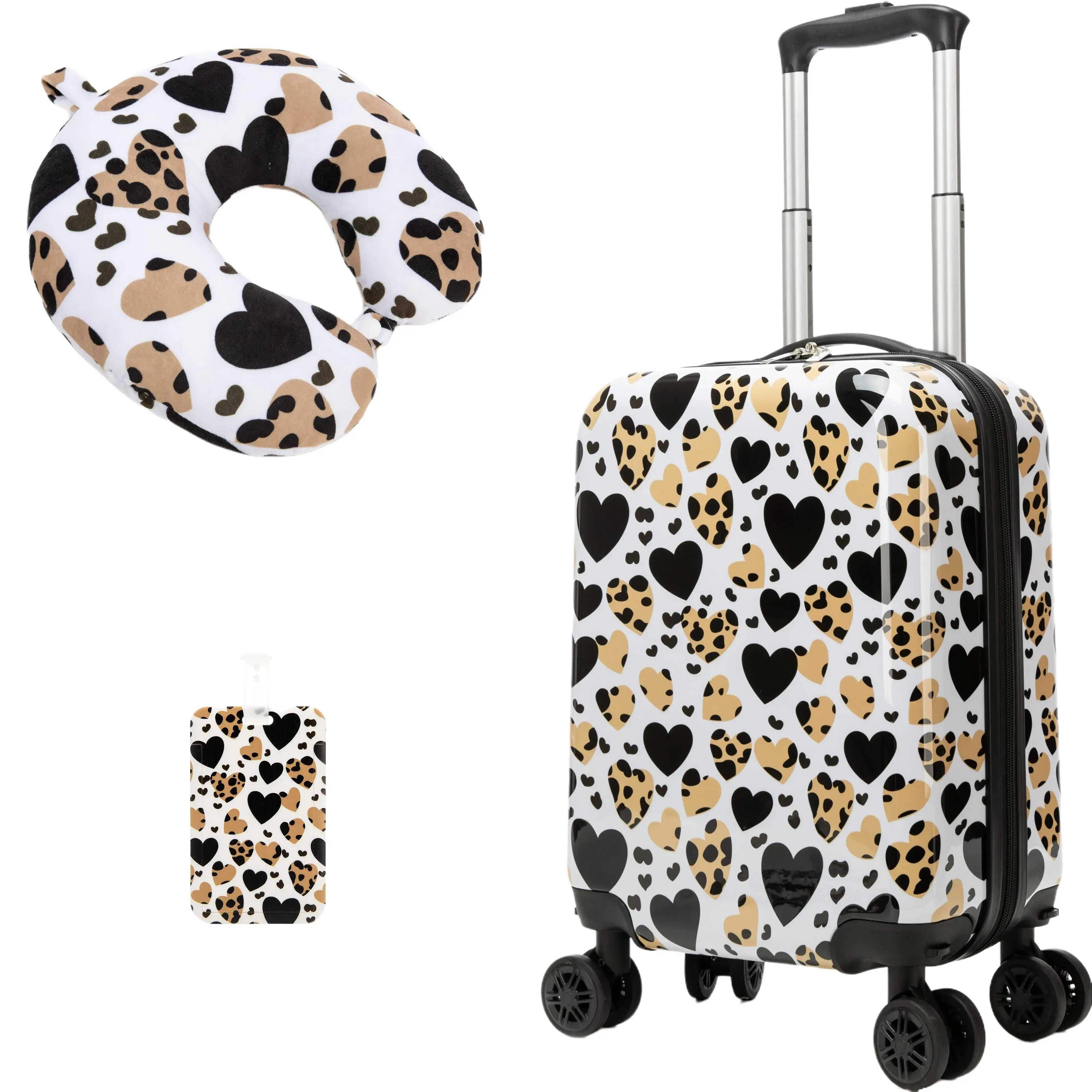 Girls' 3-Piece ABS Plastic Hardshell Carryon Luggage with Wheels, Animal Print Spinner Suitcase, Adjustable Handle, Neck Pillow & Tag for Teen Travelers & School Use, Double Spinner Wheels Carry-On Luggage, Zip Closure, 4 Wheels 360 Rotation