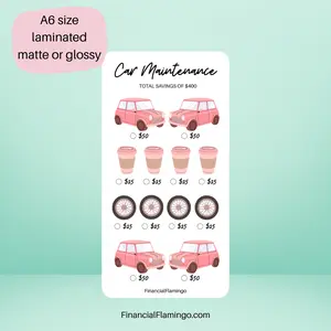 Car Maintenance Savings Challenge - Reusable Laminated Tracker - A6 Size Glossy Finish - FinancialFlamingo.com