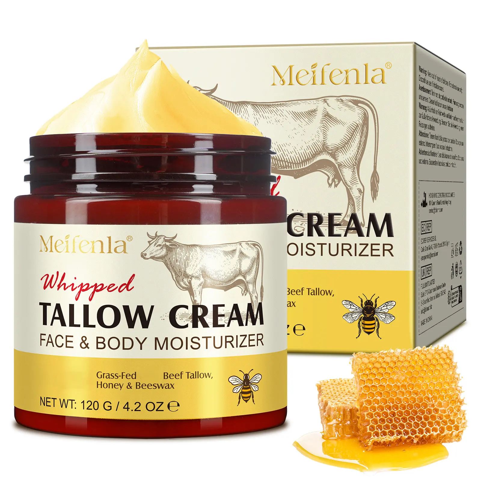 Meifenla Whipped Cream with Organic Beef Tallow & Manuka Honey - Versatile Gentle Hydrating Body Lotions & Creams for Sensitive, Dry Skin, Universal Face & Body Care