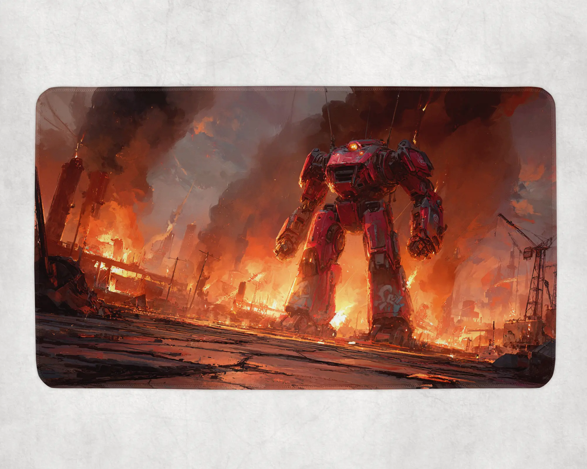 Red Mecha Warzone Mat Fiery Robot Battle TCG Mat MTG Sci-Fi Combat Playmat Post Apocalyptic Mech Mat Industrial Fire Artwork 24x14 inch
