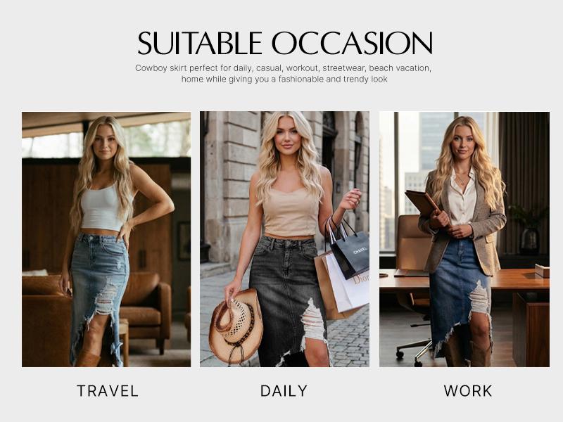 Asvivid Women Western Cowboy Denim with Pockets Midi Skirt Casual Cotton Jean Skirt Asymmetrical Slit Ripped Frayed Hem Skirts Basic Bottom for Daily Vacation Streetwear