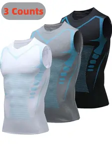 1/3 Counts Men's Compression Body Shaper Tank Top, Tummy Control Shapewear Vest With Breathable Perforated Panel, Athletic Fit Sleeveless Shirt For Posture Enhancement And Torso Contouring, Ideal For Fitness, Running, Training, Sport Vests