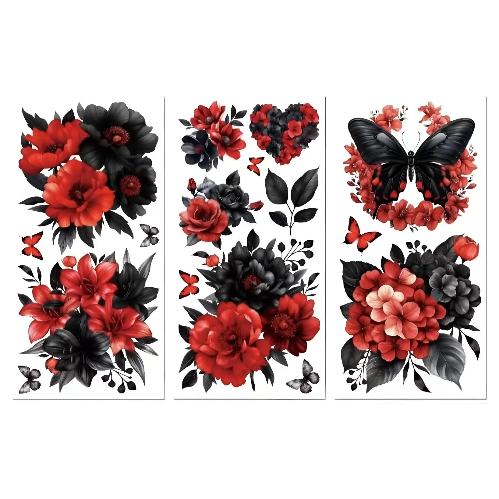 Rw-3pcs Red and Black Floral Butterfly Furniture Stickers, Waterproof Durable, Decorative Stickers for Wardrobe, Refrigerator, Desk
