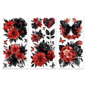 Rw-3pcs Red and Black Floral Butterfly Furniture Stickers, Waterproof Durable, Decorative Stickers for Wardrobe, Refrigerator, Desk