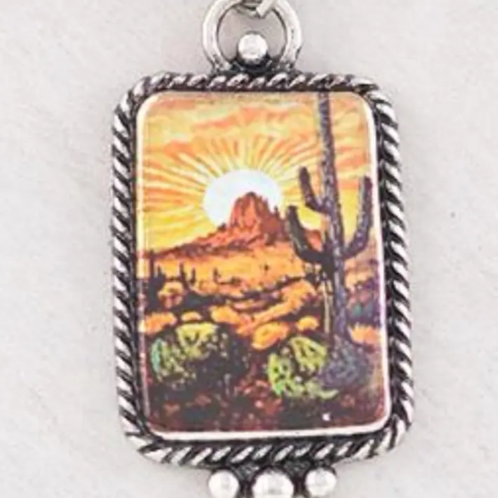 Cactus Desert Concho Pendant Necklace with Vibrant Sunset Scene and Detailed Cactus Design