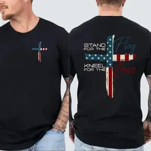 Patriotic Christian Faith T-Shirt Stand for Flag Kneel for Cross Religious Shirt American Pride Cross Design Tee Conservative Christian Made In USA For Women For Men [MaleStyles 180G/230G 100% cotton short-sleeve/hoodie, soft and comfortable]