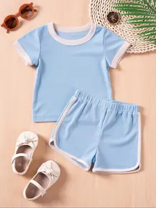 Toddler Girl's Solid Ribbed Tee & Shorts Set, Casual Cute Round Neck Short Sleeve T-shirt & Elastic Waist Shorts, Summer Clothes for Kids, Outfit