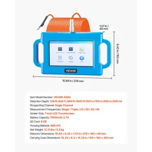 VEVOR Underground Water Detector, Up to 1640ft (500m) Pro Underground Water Detection Locator, 7 Touchscreen Auto Mapping Well Detector Explorer with Multi-Frequency Measurement, 8GB Card, Carry Case