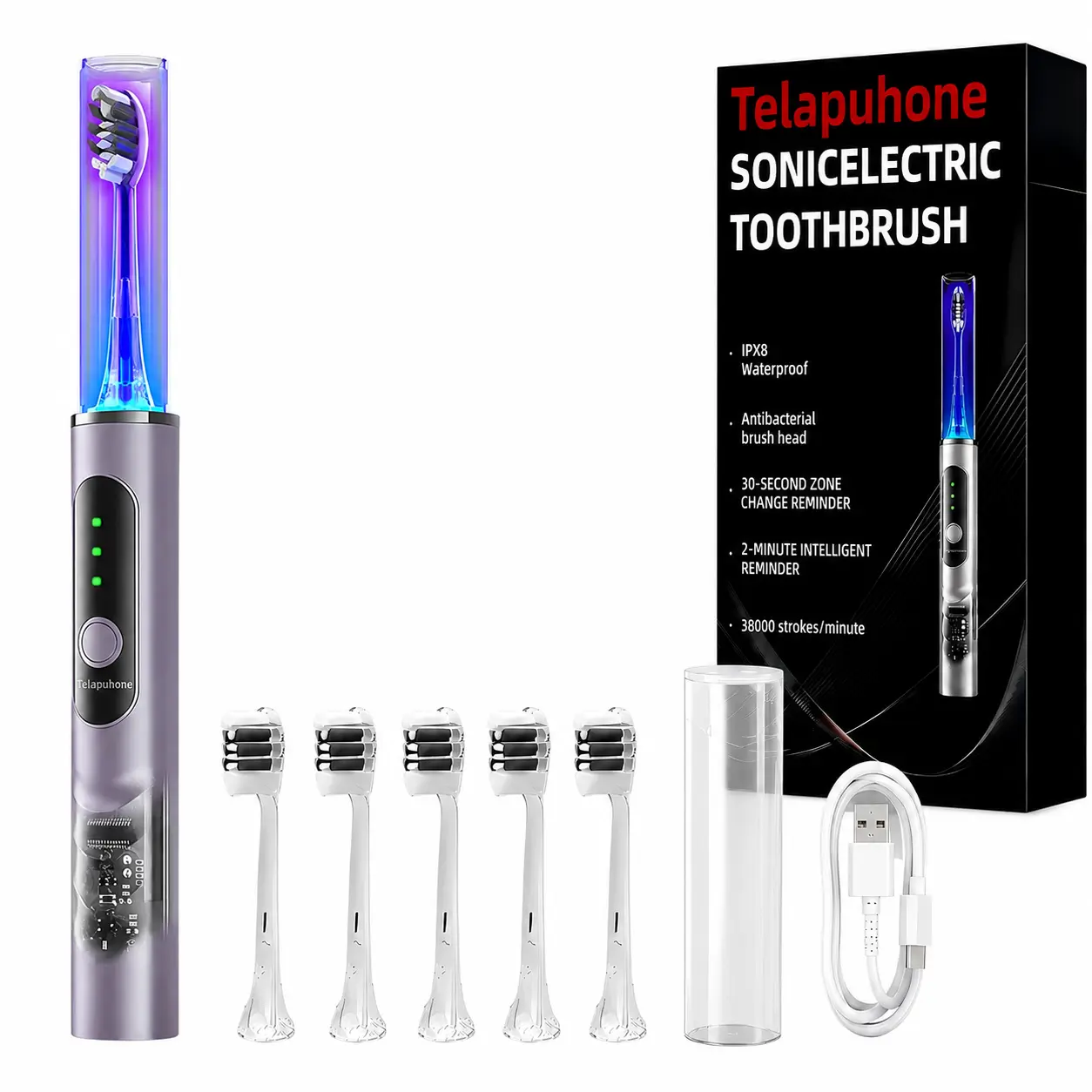 Sonic Electric Toothbrush, Rechargeable Electric Toothbrush with 5 Brush Heads, IPX8 Waterproof, 2-Min Smart Timer, USB Charging Travel Toothbrush for Adults