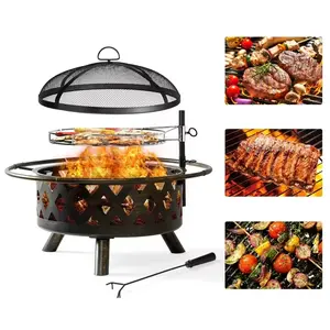 Aoxun 2 in 1 Fire Pit with Grill, 30'' Wood Burning Outdoor Fire Pits Outside with Metal BBQ Grill, Spark Screen, Poker for Patio, Backyard, Garden