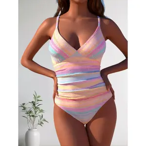 2026 Summer Viral Pastel Rainbow One-Piece - Slimming Beachwear for Women Pastel Rainbow Striped One-Piece Swimsuit - Tummy Control Ruched Swimwear