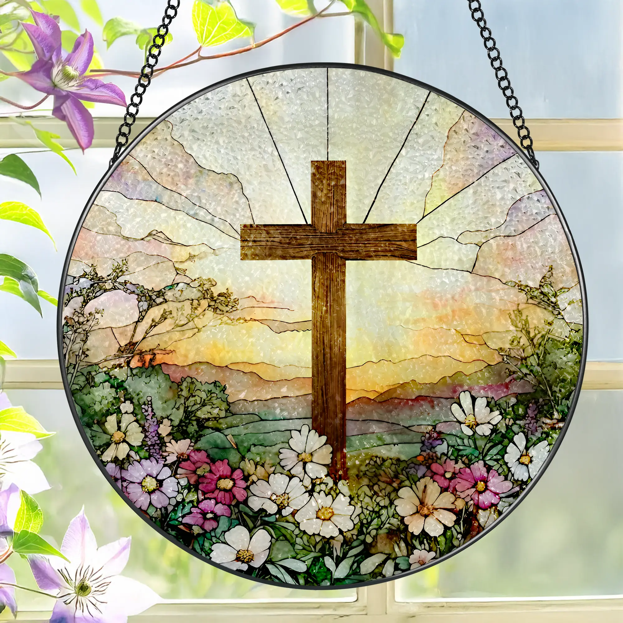 8-Inch Traditional Stained Glass Cross Suncatcher with Floral Light Design, Hangable Home Decor, Thoughtful Easter Christian Faith Gift for Front Door