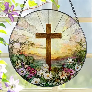 8 Inch Stained Glass Cross and Wildflowers Suncatcher Christian Stained Glass Windows Hanging Flower Cross Gift for Religious Easter Faith Christian Gifts Religious Home Decor