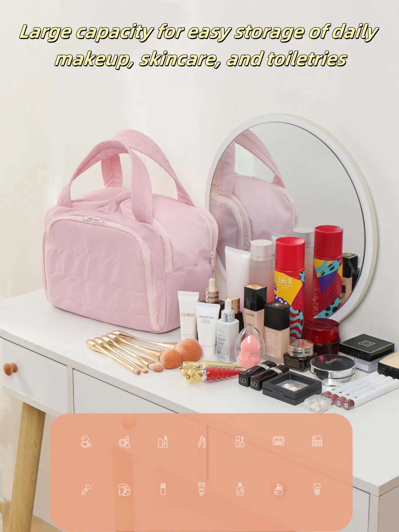 Multi-Pocket Quilted Portable Travel Cosmetic Bag, Handheld Cosmetic Pouch, Cosmetic Travel Bags, Large Capacity Lightweight Unisex Toiletry Organizer, Water-Resistant with Dry Wet Separation and Zip for Daily Use and Travel