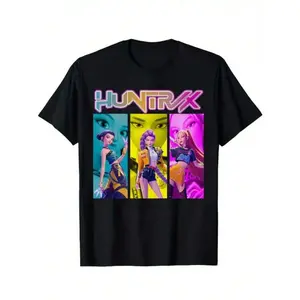 Huntrx Demon Hunters Graphic T-Shirt for Teens Girls & Boys, Soft Cotton Crew Neck Tee with Letter Print, Color Block Design, Casual Streetwear Short Sleeve Top, Machine Washable
