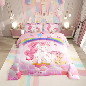 Unicorn Girls Bedding Set,Cute Rainbow Unicorn Comforter Set,Kids Cartoon Kawaii Cute Duvet Set,Pink Unicorn Quilt